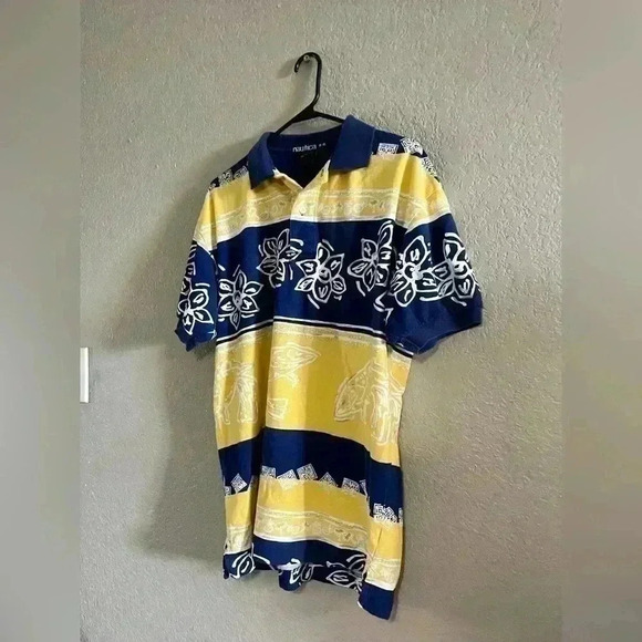 Nautica Mens Polo Yellow Blue Stripe Fish Short Sleeve Casual Polo Size Medium - Picture 3 of 6